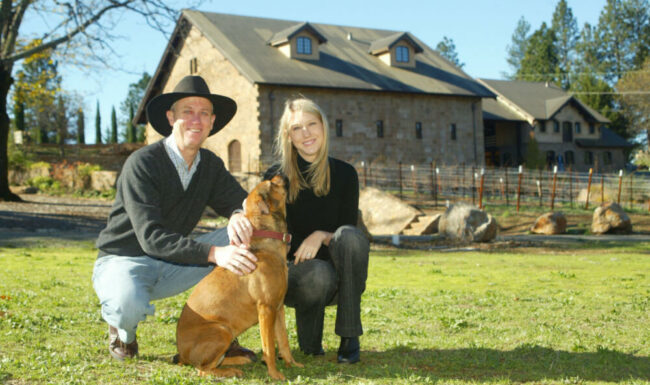 Pat Stotesbery with his daughter Nicole and their dog Kaya at the Ladera Vineyards tasting room