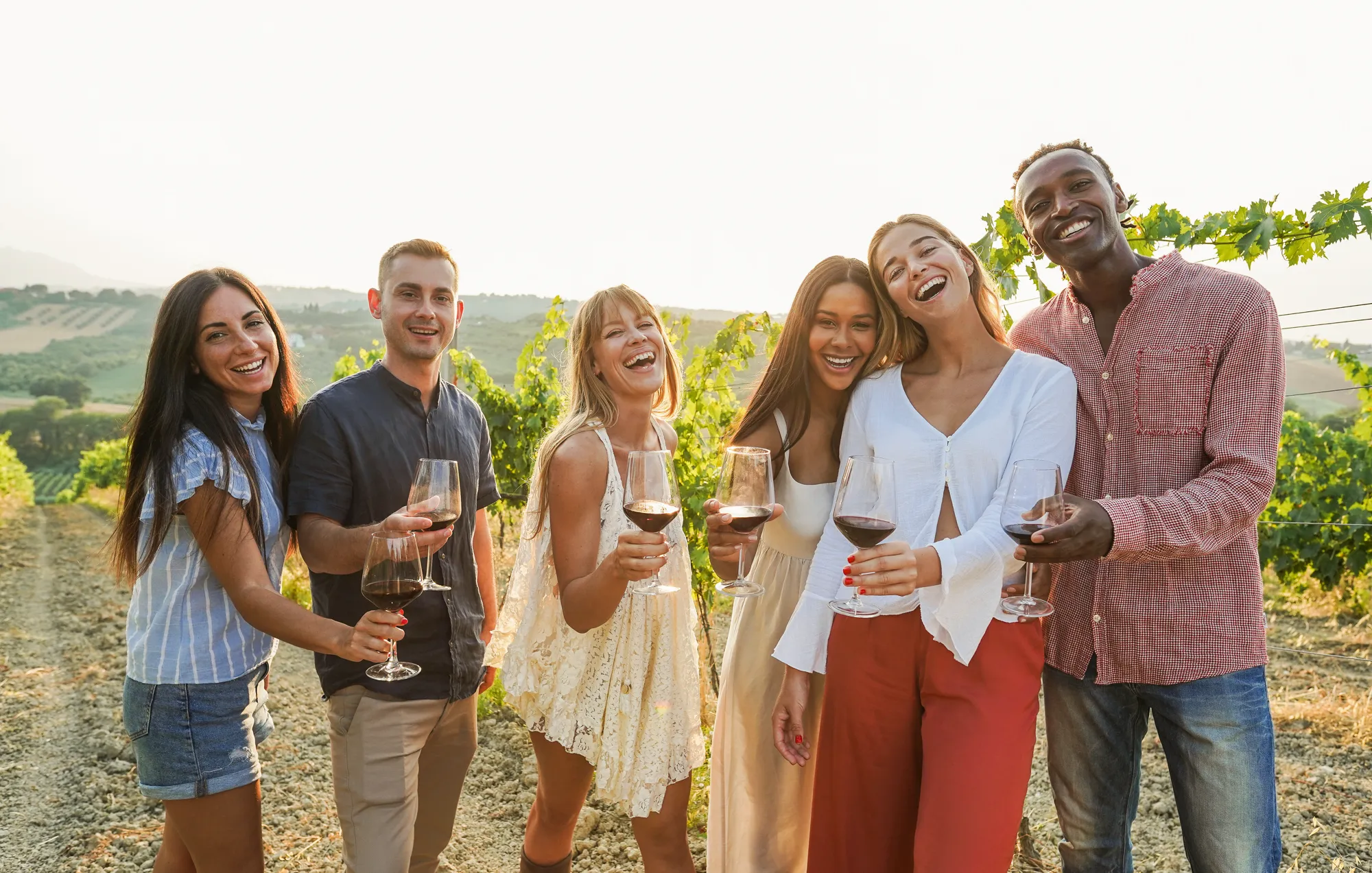 group of men and women in the vineyard with glasses of wine